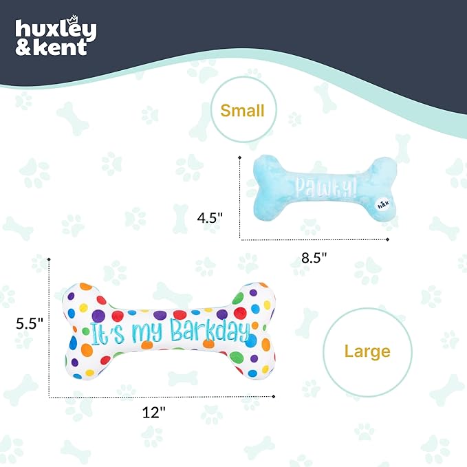 Huxley & Kent Funny Dog Toy w/Squeaker – Power Plush Squeaky Dog Toys for Small, Medium & Large Dogs – Soft Stuffed Animal for Indoor Play & Fetch - It's My Barkday Bone, Small