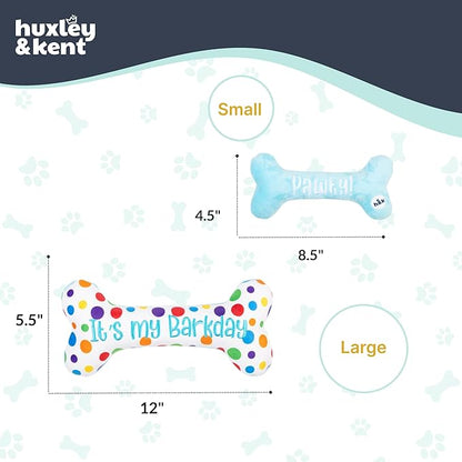 Huxley & Kent Funny Dog Toy w/Squeaker – Power Plush Squeaky Dog Toys for Small, Medium & Large Dogs – Soft Stuffed Animal for Indoor Play & Fetch - It's My Barkday Bone, Small