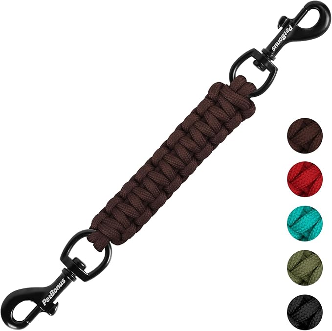 PetBonus Dog Collar Safety Clip, Handmade Backup Safety Strap for Dog Harness, Prong, Pinch Collar, Double Ended Clasp Leash Connector (Brown)