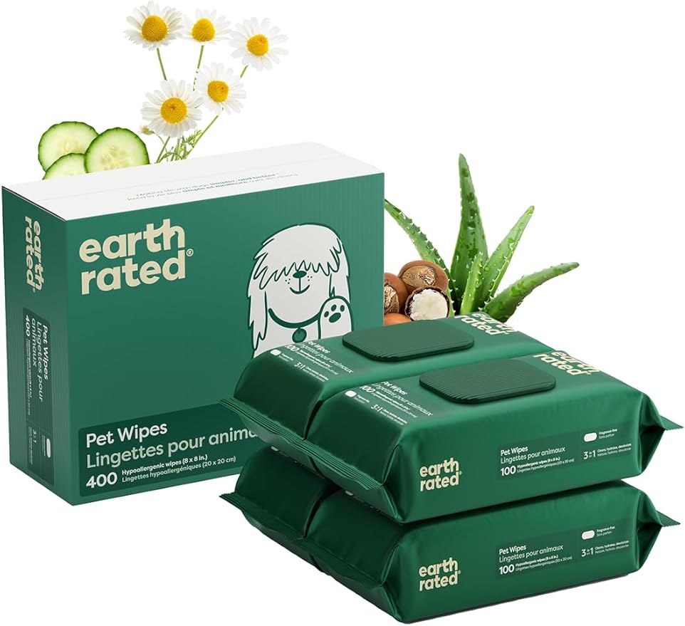 Earth Rated Pet Wipes for Dogs and Cats, Hypoallergenic, Cleaning and Hydrating, for Grooming Paws, Body and Butt, Unscented, 400 Count