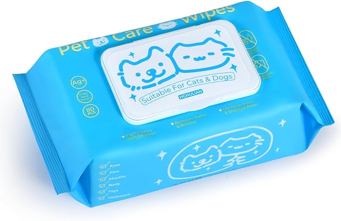 HGHULIAN Dog Wipes and Cat Wipes Unscented with Enzymes to Eliminate Odors Paw Wipes for Muddy Feet Tear Stain Wipes for Eye Gunk Gentle Hypoallergenic for Sensitive Skin 80 Count