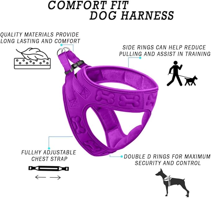 Comfort Fit Dog Harness Step In No Pull Harness for Medium Small Sized Dogs Soft Padded No Escape Harness Adjustable Easy Buckle with Leash Attachment D-Ring Extra Comfort Inside Velvet Plush S Purple