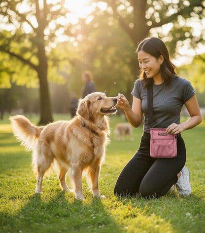 PupSensei Dog Treat Pouch for Training – Magnetic Dog Treat Bag with Belt Clip & Poop Bag Dispenser – Hands Free Carry Pouch with Auto-Close Access & Shoulder Strap – Durable Pet Gear –Light Pink