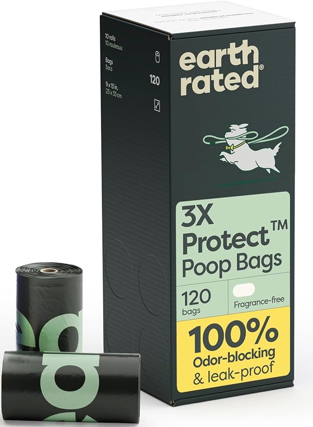 Earth Rated 3X Protect Dog Poop Bag Rolls, Odor Blocking Leak Proof Extra Thick, Unscented, 120 Count