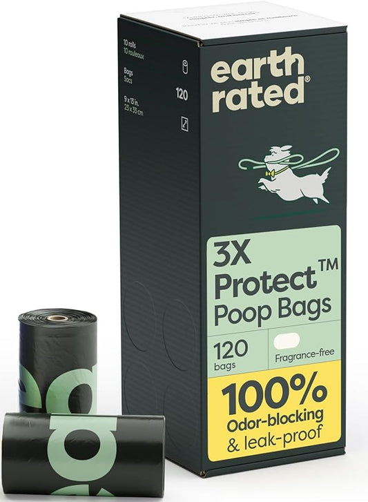 Earth Rated 3X Protect Dog Poop Bag Rolls, Odor Blocking Leak Proof Extra Thick, Unscented, 120 Count