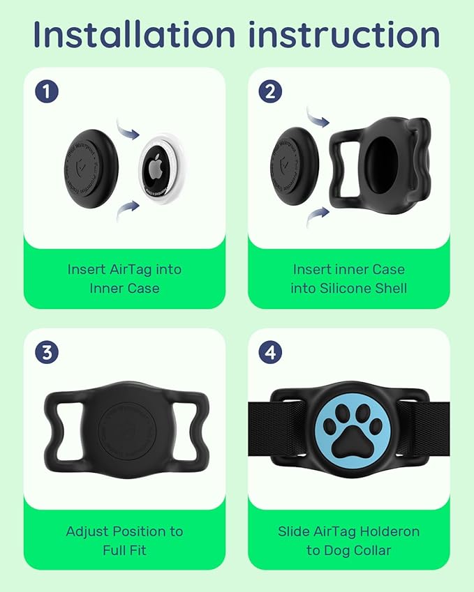 WhoseID IP68 Waterpoof Dog Tag Holder, Stretchy Silicone Full Body Covered tag Holder for Dog Cat Collar Fit All Width Collar (Black & Blue, 1 Pack)