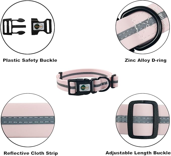 NIMBLE Dog Collar Waterproof Pet Collars Adjustable, Reflective, Durable Flex Poly Coated Nylon Basic Dog Collars 9 Colors in Size S/M/L (Light Pink, Large (15.35”-24.8”inches))