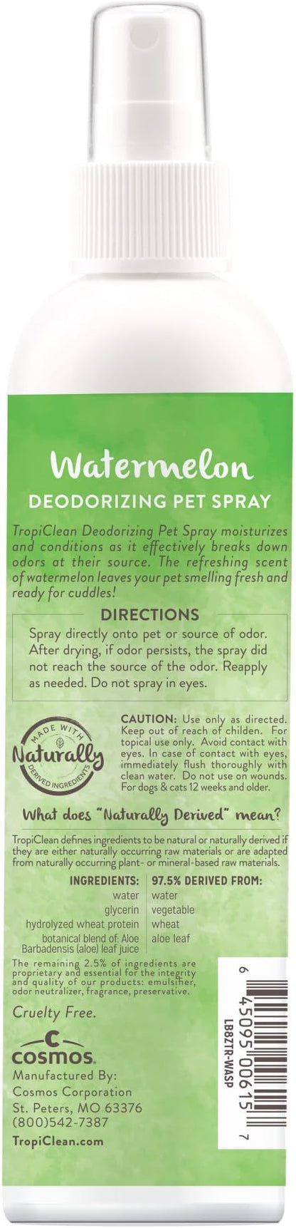 TropiClean Watermelon Cat & Dog Deodorizing Spray | Cat & Dog Grooming Supplies | 8 oz | Made in the USA