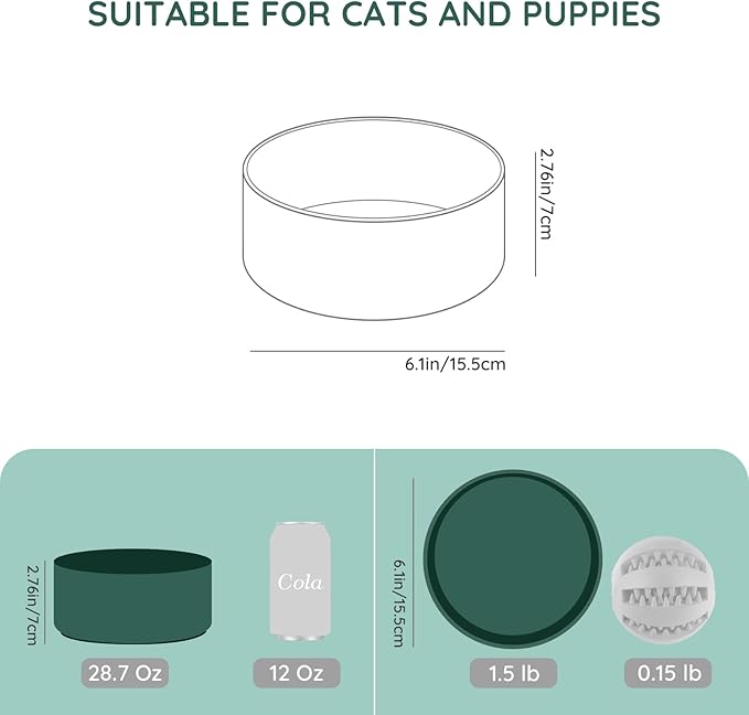 SPUNKYJUNKY 28.7OZ Ceramic Dog and Cat Bowl, Modern Cute Weighted Food Water Bowl for Replacement Green (2 Pack)