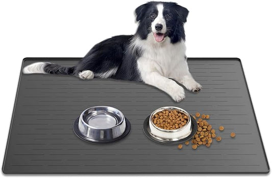 Large Dog Mat for Food and Water, 31.8"x23.8" Silicone Pet Feeding Mats, Waterproof Dog Bowl Mat with High Edges to Prevent Water and Food Spills, Dark Gray
