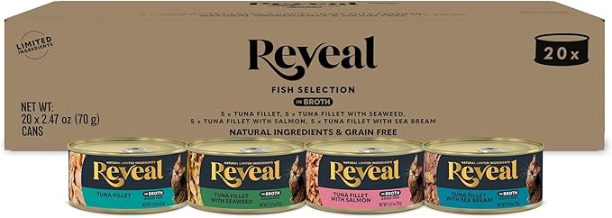 Reveal Natural Wet Canned Cat Food, 4-Flavor Variety Pack, Limited Ingredient, Grain Free, High Protein with No Artificial Additives, Fish Variety in Broth (20 x 2.47 oz Cans)