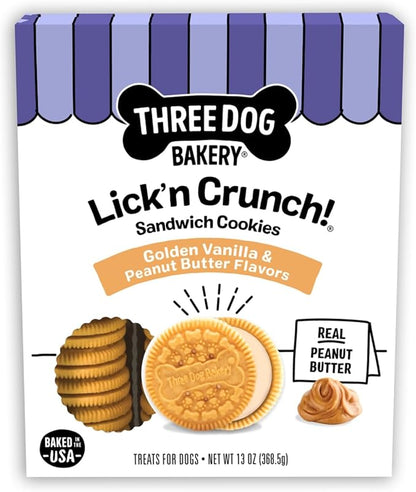 Three Dog Bakery Lick'n Crunch! Golden & Peanut Butter Dog Sandwich Cookies - Crunchy Vanilla & Creamy Peanut Butter Flavored Dog Treats, Cookies for Dogs, Dog Birthday Cookies, Dog Training Treats