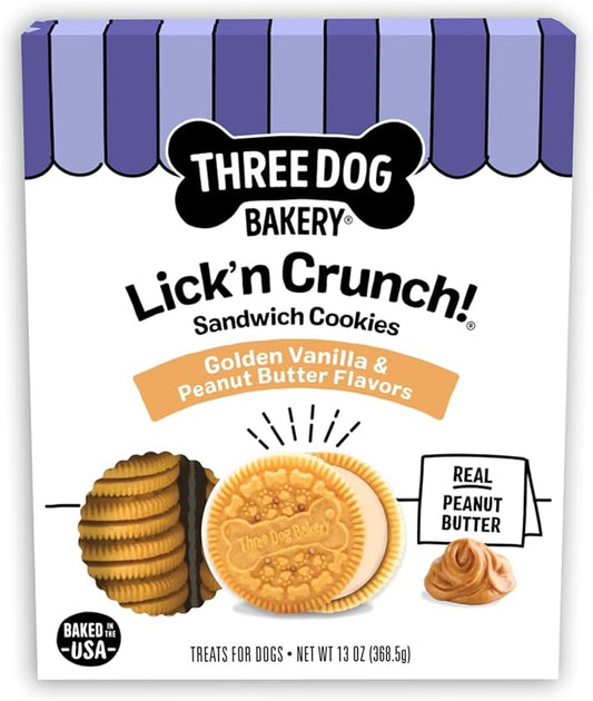 Three Dog Bakery Lick'n Crunch! Golden & Peanut Butter Dog Sandwich Cookies - Crunchy Vanilla & Creamy Peanut Butter Flavored Dog Treats, Cookies for Dogs, Dog Birthday Cookies, Dog Training Treats