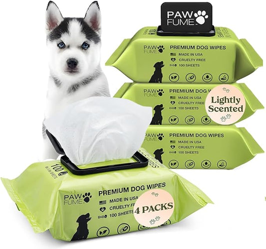 Pawfume Dog Wipes 4 x 100 Count, Pet Wipes – Hypoallergenic & Gentle Dog Wipes for Eyes, Face, Butt, and Paws – Cleaning & Deodorizing, Grooming Tear Stain Wipes for Puppy, Adult Dogs & Cats
