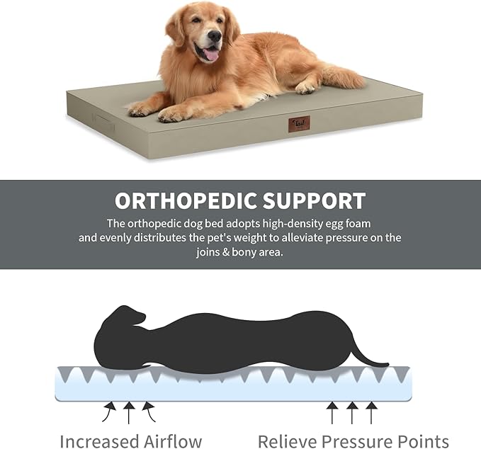 Tail Stories Outdoor Extra Large Dog Bed, Jumbo Waterproof Dog Bed for Large Dogs, Orthopedic Egg Crate Foam Pet Mat with Removable Oxford Cooling Cover, Khaki
