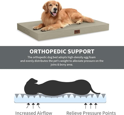 Tail Stories Outdoor Extra Large Dog Bed, Jumbo Waterproof Dog Bed for Large Dogs, Orthopedic Egg Crate Foam Pet Mat with Removable Oxford Cooling Cover, Khaki