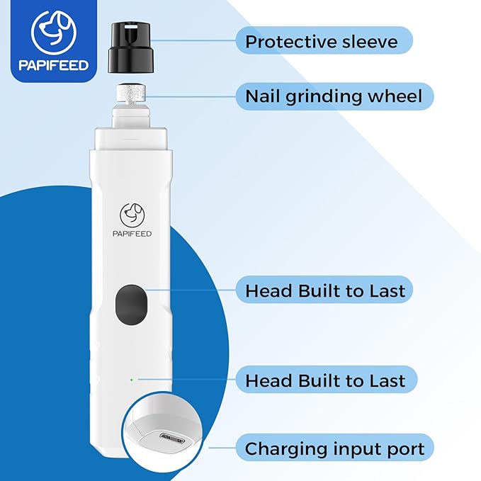 PAPIFFEED Dog Nail Clippers & Dog Nail Grinder, Quiet 3-Speed Electric Dog Nail Trimmers with Dual LED Light, Rechargeable Pet Nail File for Small Medium Large Dogs & Cats (White)