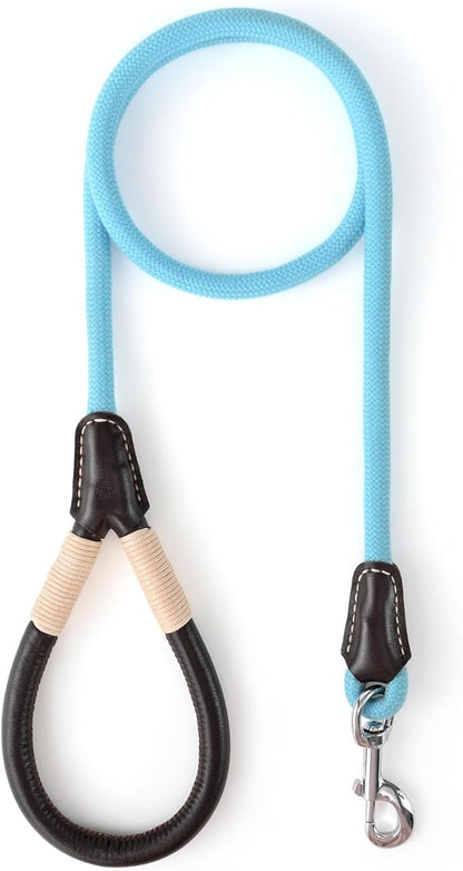 Mile High Life Leather Handle Dog Leash, 6 FT/5 FT/4 FT Rope Leash for Small Medium Large Dogs (Blue, 4FT)