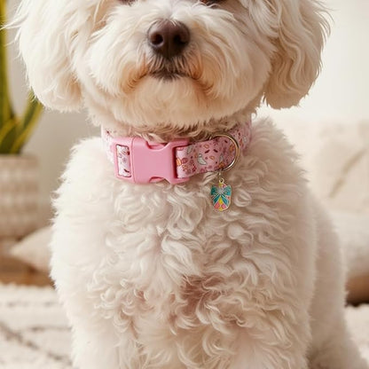 Cute Dog Collar, Pink Dog Collar with Pink Ghost Pattern and Soft Fabric, Girly Collar with Charm and Buckle, Adjustable for Girls Boys Dogs