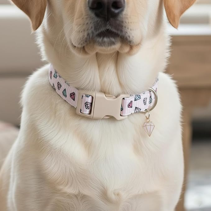 Pink Dog Collar, Cute Dog Collar with Diamond Pattern, Adjustable Soft Cute Collar for Small Dogs, S