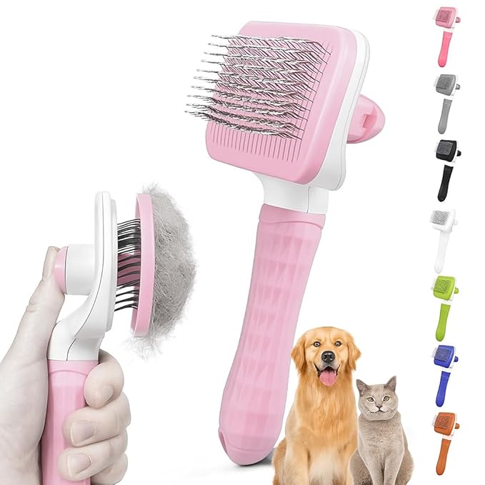 Self Cleaning Slicker Brush, Dog Cat Bunny Pet Grooming Shedding Brush, Easy to Remove Loose Undercoat, Pet Massaging Tool Suitable for Pets with Long or Short Hair (Baby Pink)