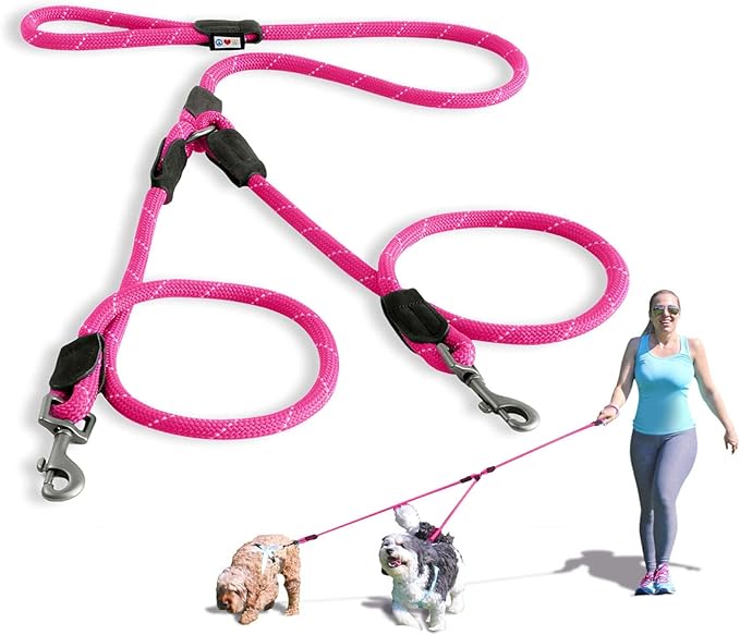 Pawtitas Double Leash for Two Dogs Great for Walking & Training Comfortable Shock Absorbing Reflective Pet Rope Leash for 2 Dogs 6ft - Medium/Large - Pink