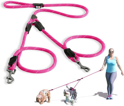 Pawtitas Double Leash for Two Dogs Great for Walking & Training Comfortable Shock Absorbing Reflective Pet Rope Leash for 2 Dogs 6ft - Medium/Large - Pink