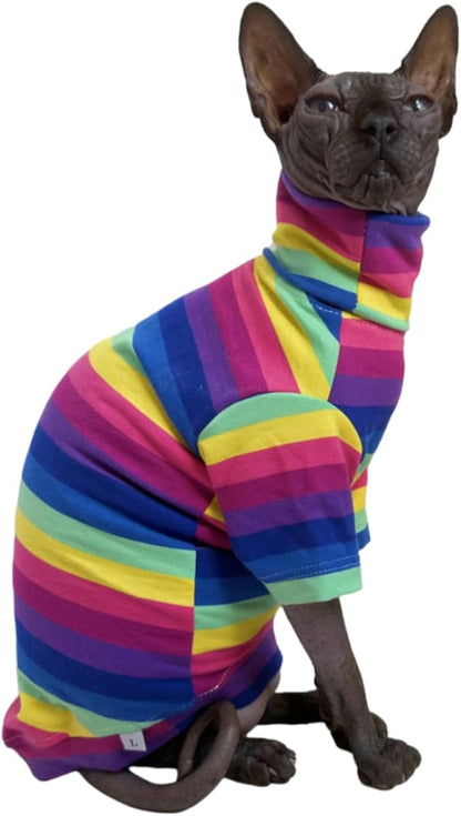 Vintage Stripes Sphynx Hairless Cats Shirt Cotton Cat Turtleneck Pet Clothes Kitten T-Shirts with Sleeves for Sphynx Cornish Rex, Devon Rex, Peterbald (Rainbow Stripe, X-Small (Pack of 1))