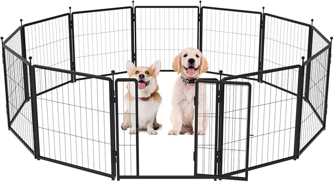PETREEK Dog Playpen 24 inch 12 Panels for Indoor & Outdoor Use – Heavy-Duty Metal Pet Fence with Ground Stakes, Rounded Ball Tops for Safety, Stable & Foldable Design, Easy to Assemble