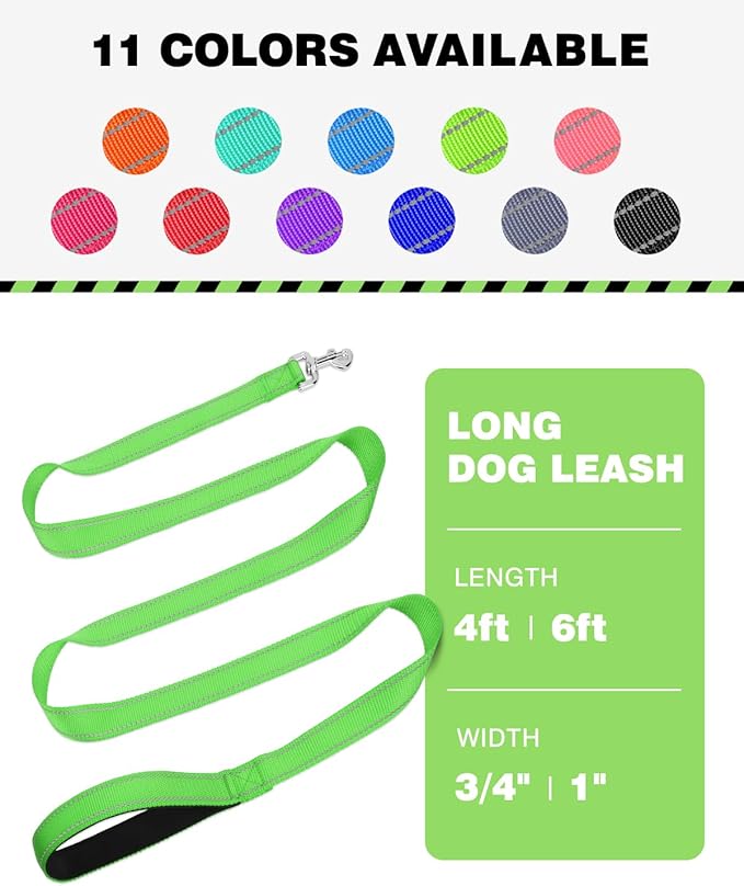 4FT Reflective Nylon Dog Leash with Soft Padded Handle for Walking, Running and Training, Supports Small Medium and Large Dogs (Green, 3/4 Inch Wide)