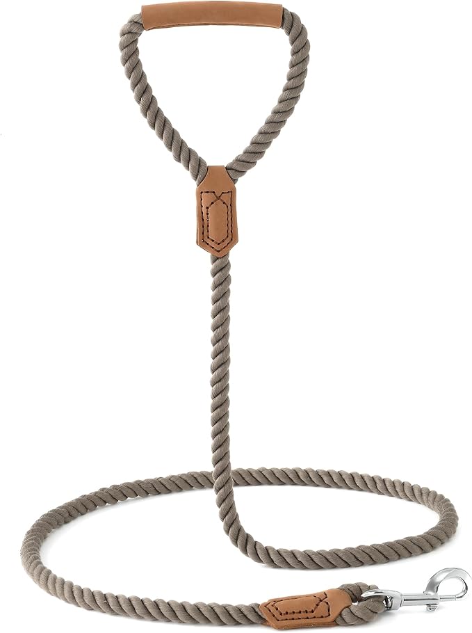 Mile High Life Dog Leash, Braided Cotton Rope Leashes with Leather Handle - Heavy Duty Metal Clasp, 6FT, 1/2" Thick - Wedding, Walking & Training Leash for Small Medium Large Dogs (Camel)