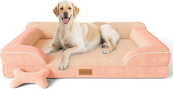 CWAWZ Jumbo Dog Bed for Extra Large Dogs, Orthopedic Dog Bed with Cooling Gel Memory Foam, Waterproof Pet Bed with Removable Washable Cover, 45" Pet Sofa Couch Dutch Velvet with Bone Toy, Peach Pink