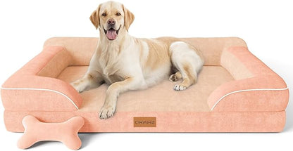 CWAWZ Jumbo Dog Bed for Extra Large Dogs, Orthopedic Dog Bed with Cooling Gel Memory Foam, Waterproof Pet Bed with Removable Washable Cover, 45" Pet Sofa Couch Dutch Velvet with Bone Toy, Peach Pink
