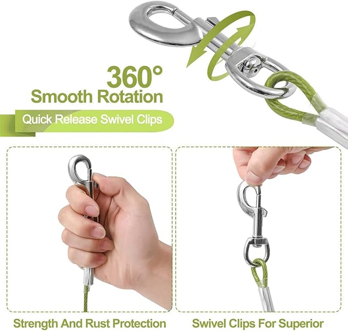 Tie Out Cable for Dogs,10/20/30/50/100FT Dog Leads for Yard Chew Proof,Heavy Duty Tie Out Cable for Large Dogs Up to 125lbs,Dog Runner Tether (Green, 125Ibs 10ft)