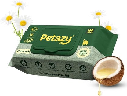 Petazy Dog Wipes for Paws and Butt Ears Eyes | XL 8x8 Natural Pet Wipes for Dogs | Hypoallergenic Chamomile Scented Dog Wipes Cleaning Deodorizing | Extra Thick Wipes Dogs Cats Pets | 100 Count