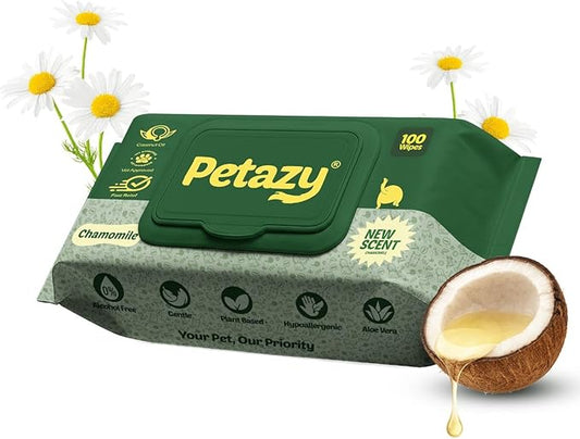 Petazy Dog Wipes for Paws and Butt Ears Eyes | XL 8x8 Natural Pet Wipes for Dogs | Hypoallergenic Chamomile Scented Dog Wipes Cleaning Deodorizing | Extra Thick Wipes Dogs Cats Pets | 100 Count