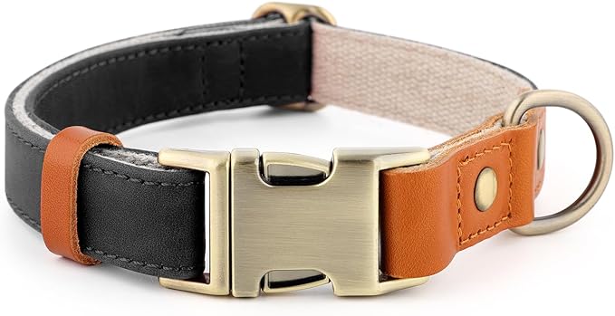 Plutus Pet Genuine Leather & Hemp Dog Collar – Adjustable Heavy Duty Pet Collar with Quick Release Metal Buckle, Soft & Stylish for Puppy and Small, Medium, Large Dogs (Black, S)
