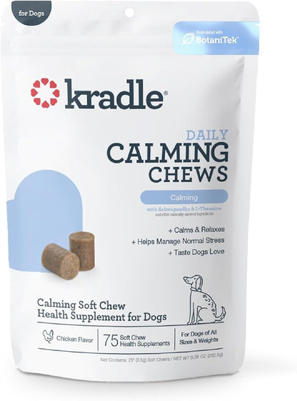 Kradle Calming Chews for Dogs -Vet Formulated with L-Theanine, Ashwagandha and GABA for Managing Normal Stress and Promoting Relaxation - Chicken Flavored Calming Supplement - 75 Soft Chews