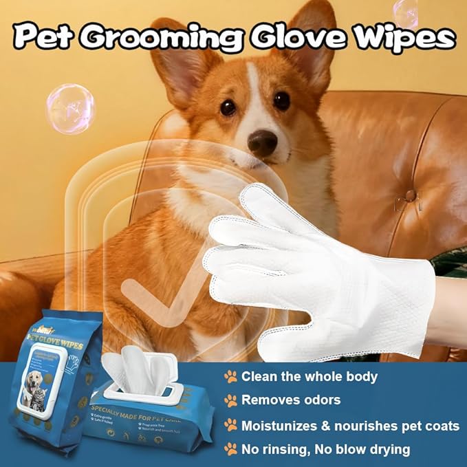 WBLITUF Pet CleaningGlove Wipes for Dogs & Cats, No-Rinse Grooming Wipes, Hypoallergenic Deodorizing Disposable Bathing Wipes,Extra Thick,Perfect for Pet Dry Cleaning,Daily Care and Travel,20 pcs