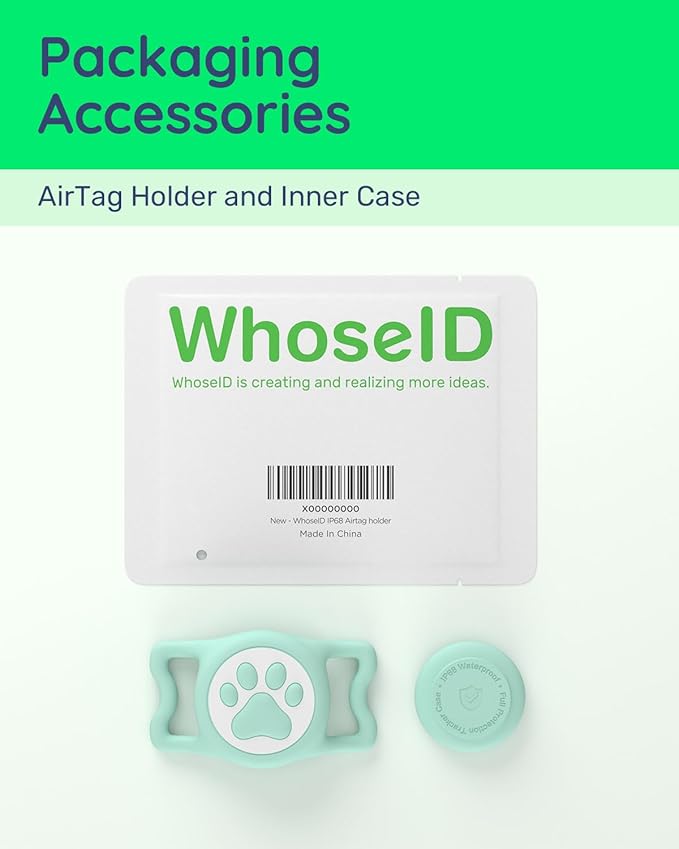 WhoseID IP68 Waterpoof Dog Airtag Holder, Stretchy Silicone Full Body Covered Apple Air Tag Holder for Dog Cat Collar Fit All Width Collar (Green, 1 Pack)