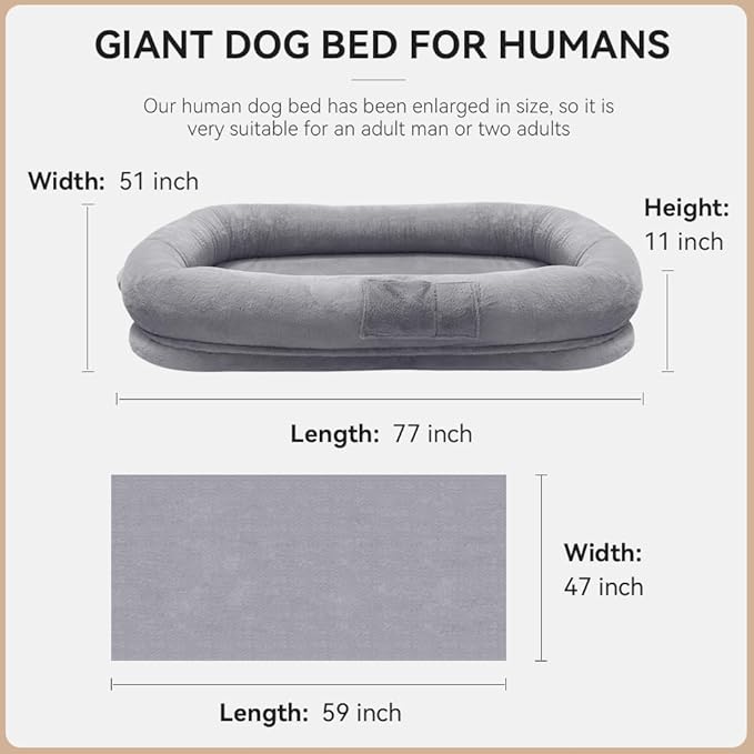 Ultra-Soft Human Size Dog Bed for People and Pets; 77”x51”x11” Extra Large Dog Bed with Raised Cushioned Rim, Removable Cover, Waterproof Lining and Bonus Blanket (77"x51"x11", Grey)