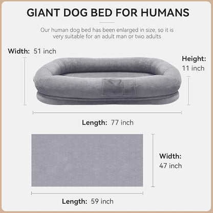 Ultra-Soft Human Size Dog Bed for People and Pets; 77”x51”x11” Extra Large Dog Bed with Raised Cushioned Rim, Removable Cover, Waterproof Lining and Bonus Blanket (77"x51"x11", Grey)