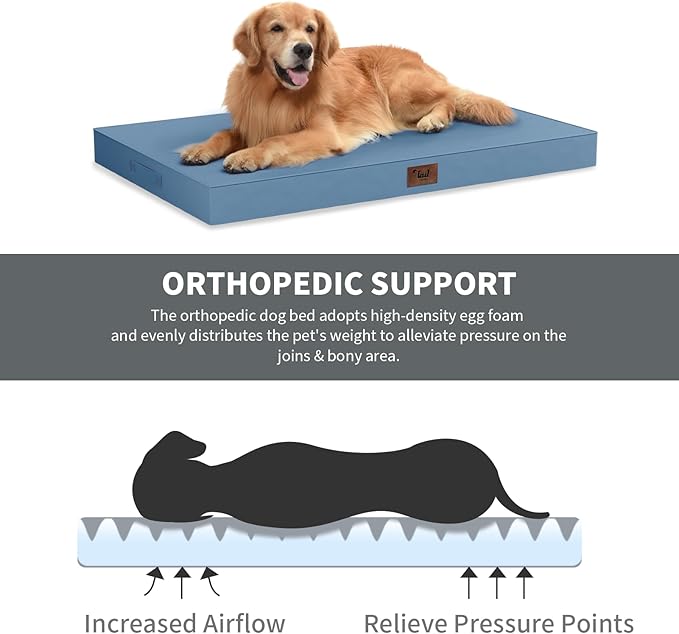 Tail Stories Outdoor Large Washable Dog Bed, Orthopedic Egg Crate Foam Dog Crate Mat for Large Dogs with Removable Oxford Cooling Cover, Blue
