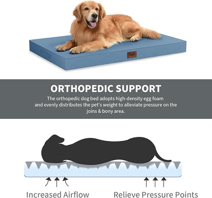 Tail Stories Outdoor Orthopedic Dog Bed for Medium Dogs & Cats, Waterproof Flat Pet Mat with Egg Crate Foam & Washable Removable Oxford Cover, 30x20 Inch, Blue