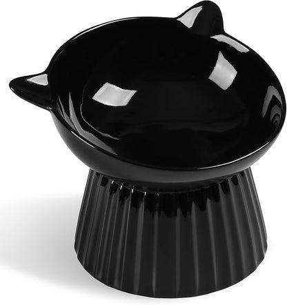 Wellbro Ceramic Raised Cat Bowl，Tilted Raised Bowl Anti Vomit for Indoor Cats Whisker Friendly Pet Feeder for Cats Puppies, Microwave and Dishwasher Safe (Black)