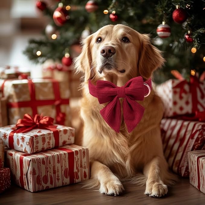 Corduroy Dog Collar with Laday Bow, Adjustable Heavy-Duty Dog Collars for Small Medium Large Dogs, Wine Red Winter Christmas Puppy Bowtie Collar L