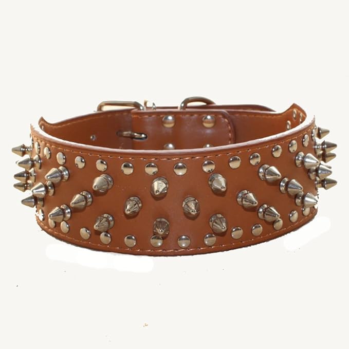 Serijoars Spiked Studded Dog Collar, PU Leather Dog Collar, Adjustable Pet Collars for Medium or Large Breed Pet (M, Light Brown)