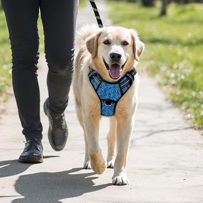 BARKBAY No Pull Dog Harness Large Reflective Dog Harness with Front Clip and Easy Control Handle for Walking Training Running with ID tag Pocket(Blue/Black,XL)