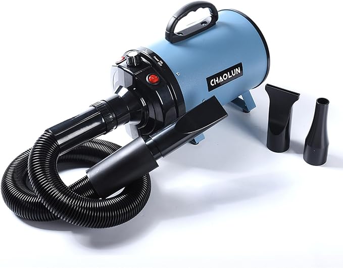 Dog Dryer for Pet Grooming, High Velocity Pet Hair Dryer with Heater, Adjustable Speed, 3 Nozzles and a Comb, Blue