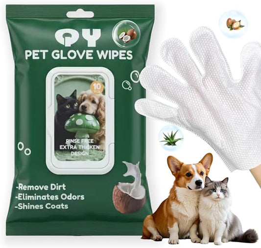 QingYa 10-Pack Pet Cleaning Glove Wipes with Lid | Extra Thick Dog & Cat Grooming Gloves | Rinse-Free Bath Wipes with Coconut, Aloe, Corn & Jojoba for Odor Control & Daily Care